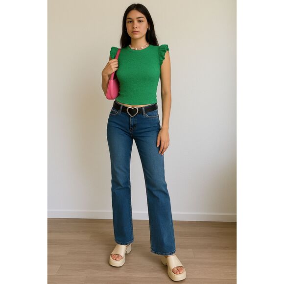 VTG Moa Moa Green Smocked Popcorn Top Ruffle Sleeve USA Y2K 90 Cottagecore Retro - Picture 3 of 6